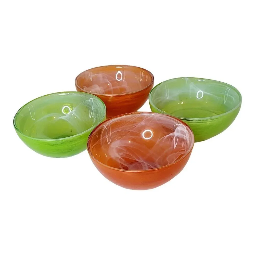 Set of 4 Vtg Floral‎ Debi Lilly Recycled Green Orange Glass Bowls With Swirls
